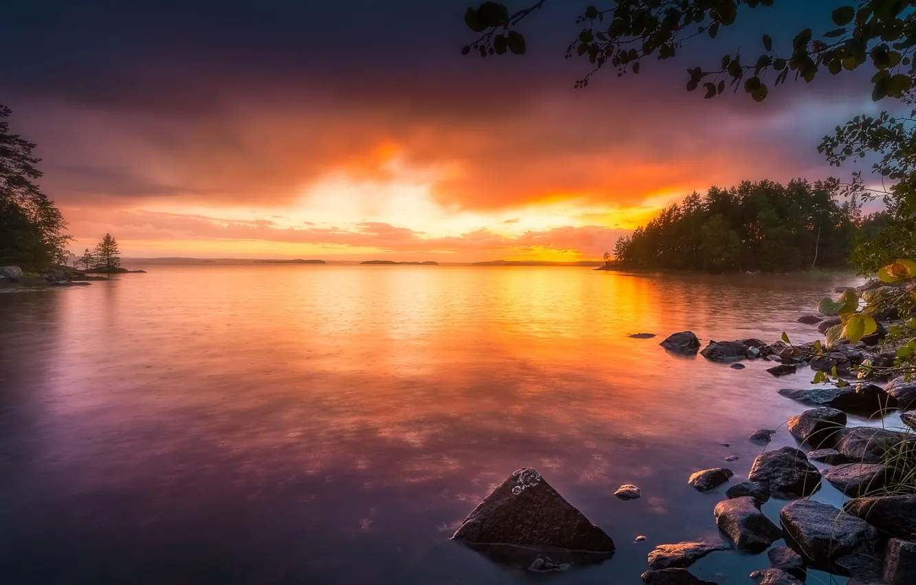 Photo wallpaper trees, sunset, lake, stones, Finland, Finland, Tampere, Tampere
