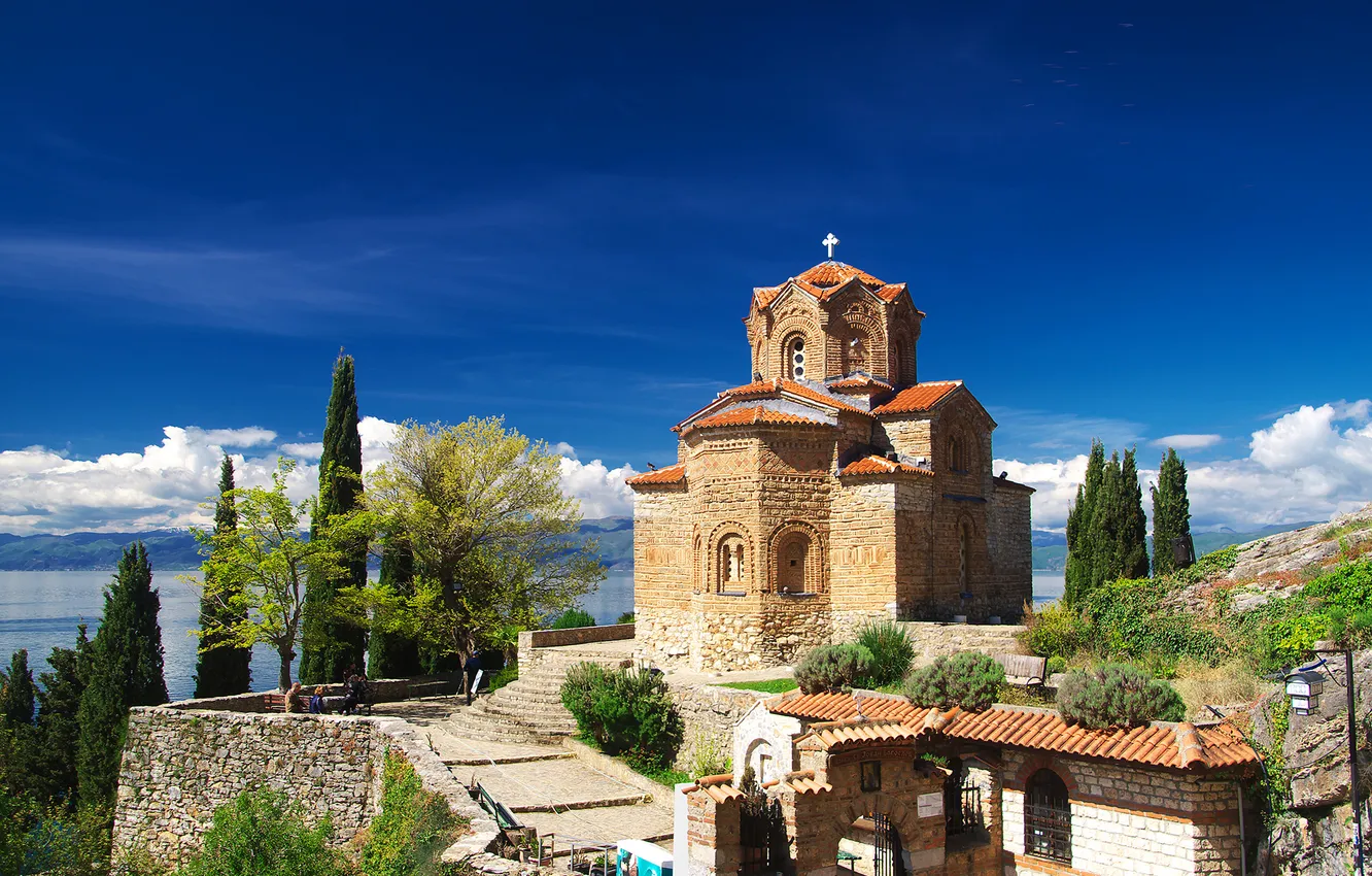 Photo wallpaper the sky, trees, lake, lake, The Church Of St. John Kaneo, North Macedonia