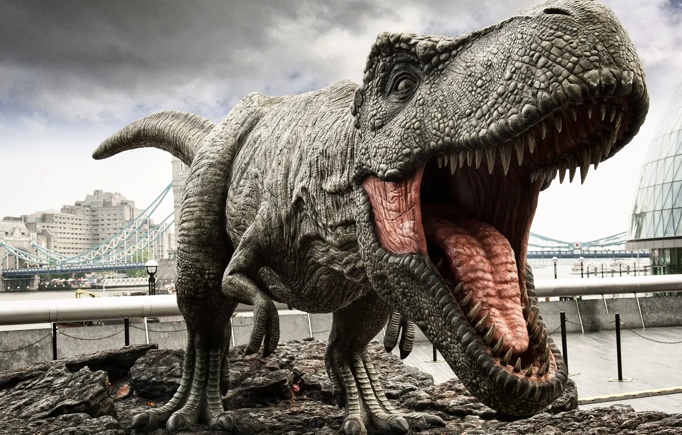 Photo wallpaper the city, London, dinosaur, predator, mouth, fangs