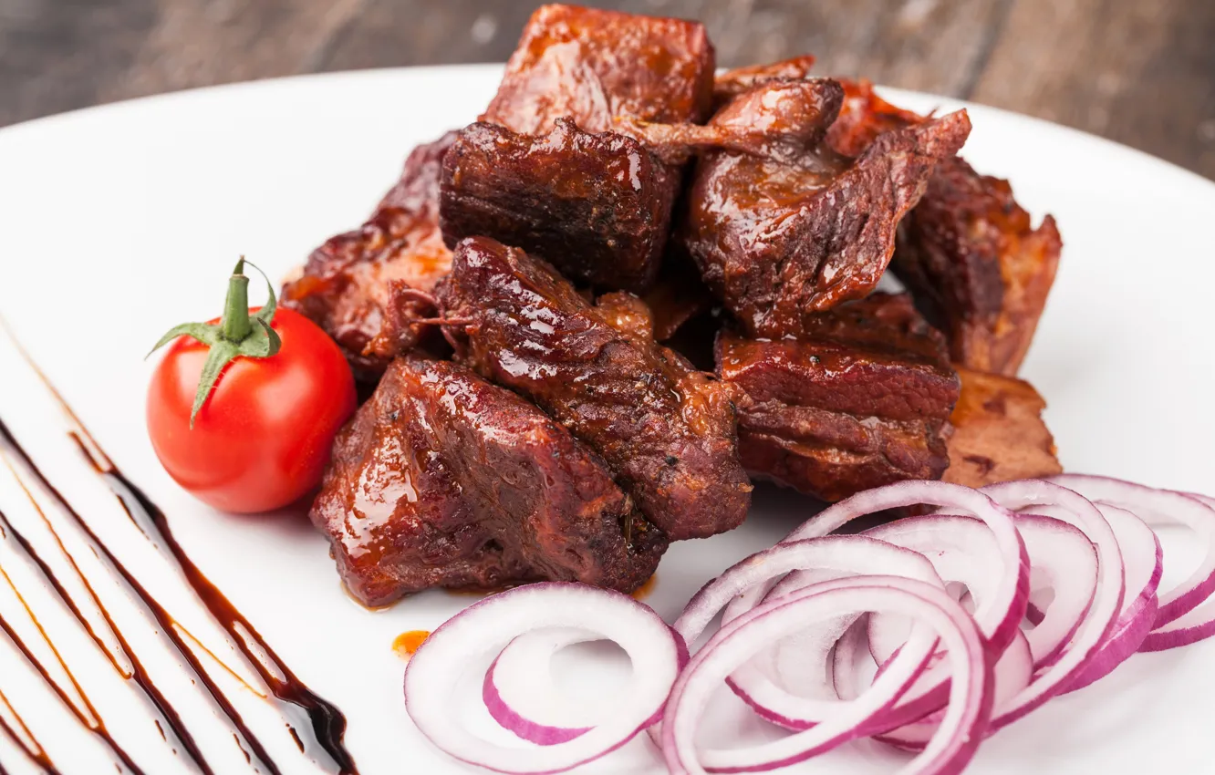 Photo wallpaper bow, meat, tomatoes, sauce, kebab, meat, vegetables, tomato