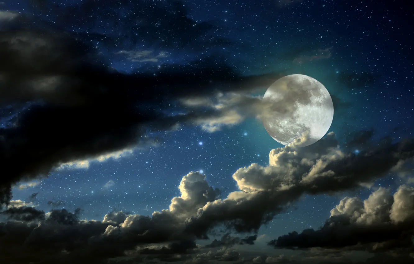 Photo wallpaper stars, clouds, night, the moon, moon, night, clouds, stars