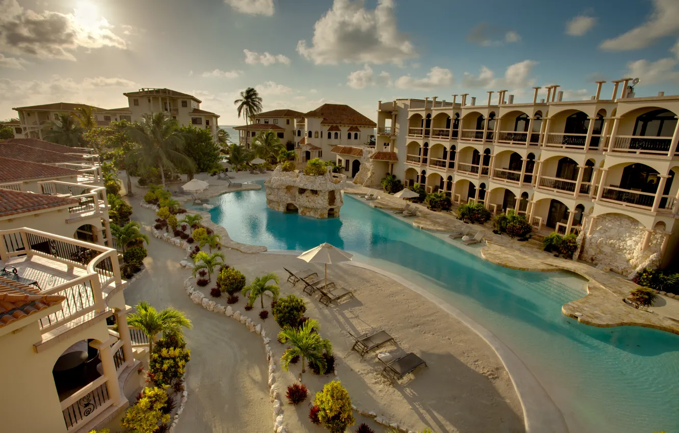 Photo wallpaper palm trees, pool, the hotel, resort, the area, Belize, San Pedro, Coco Beach Resort