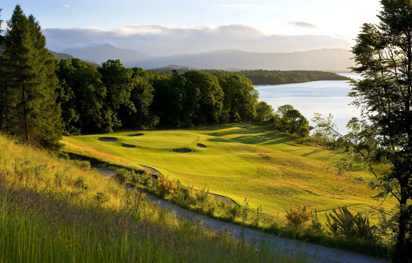 Photo wallpaper road, field, forest, the sky, grass, clouds, trees, landscape