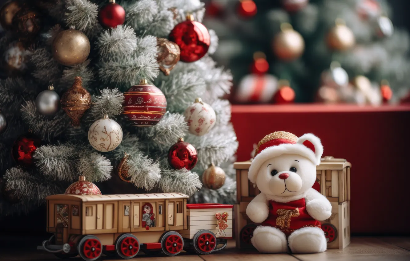 Photo wallpaper toy, new year, train, the engine, cars, Christmas, bear, bear