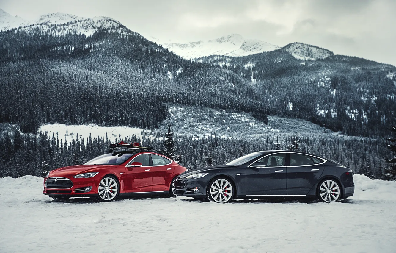 Photo wallpaper snow, mountains, two, track, electric car, Tesla Model S