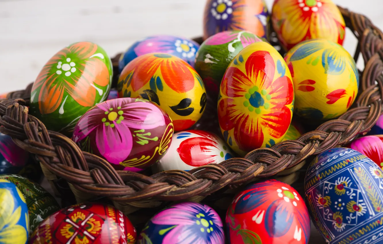 Photo wallpaper basket, spring, colorful, Easter, wood, spring, Easter, eggs