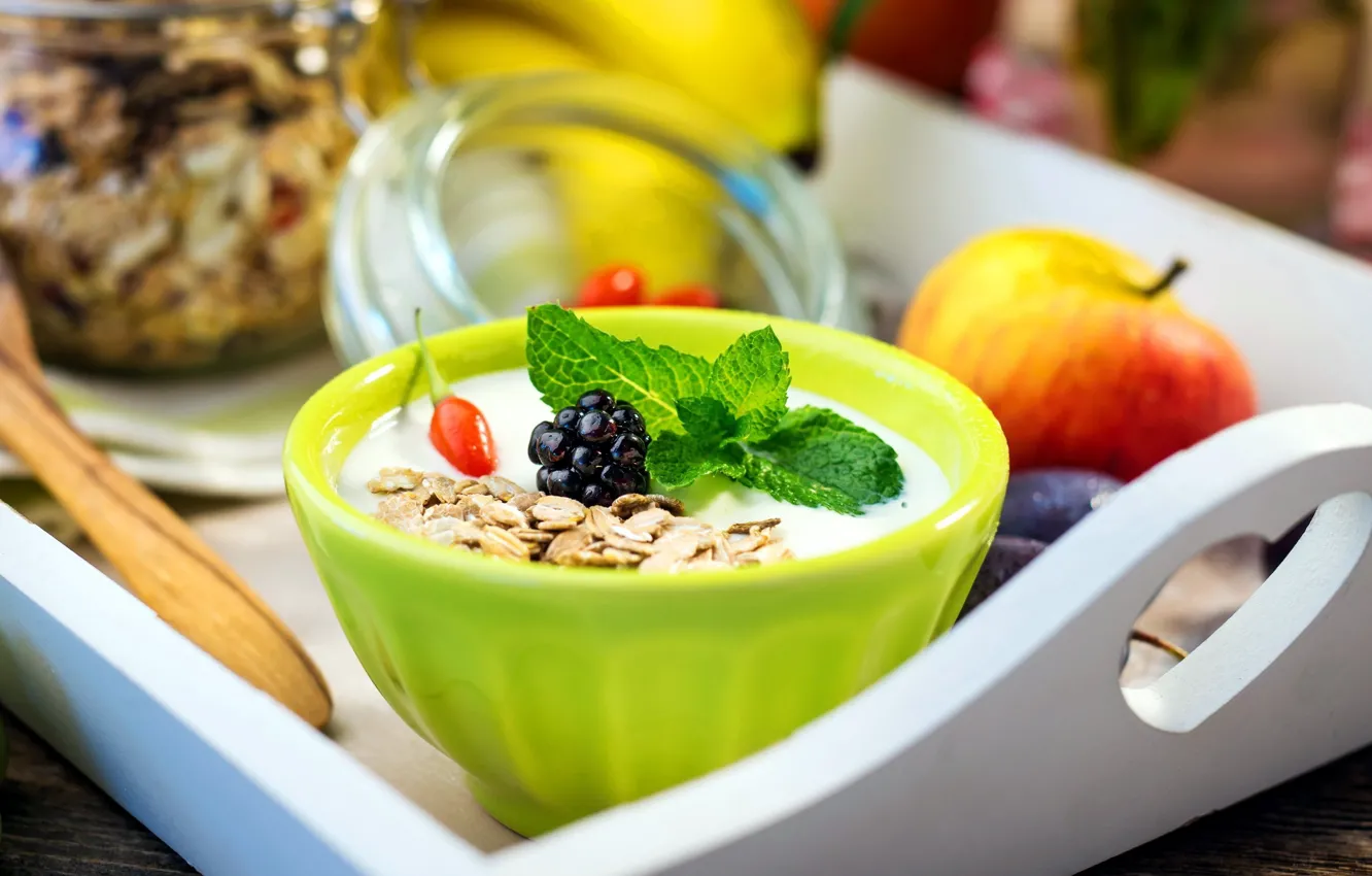 Photo wallpaper berries, apples, Breakfast, tray, yogurt, granola