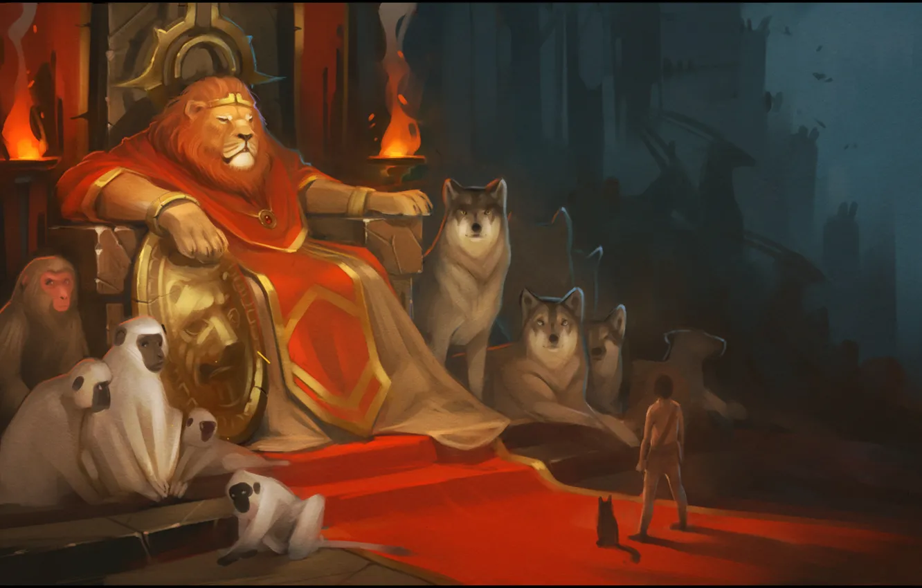 Photo wallpaper cat, fantasy, people, wolf, Leo, monkey, the throne, animal kingdom