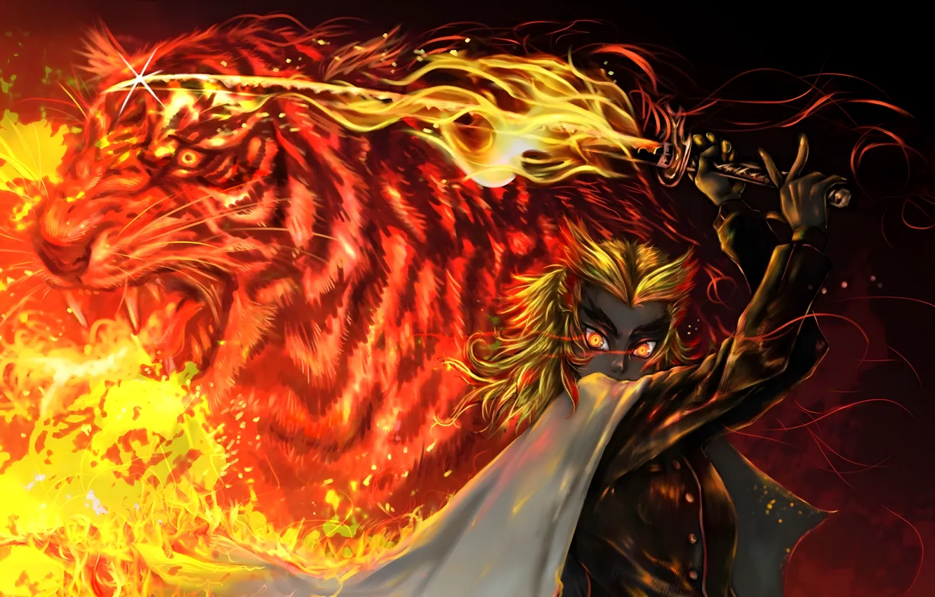 Photo wallpaper tiger, anime, tanjiro kamado, kyojuro rengoku tiger, kyjur rengoku