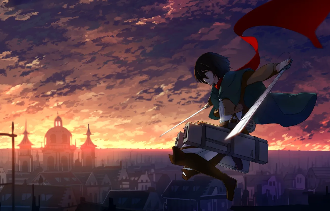 Photo wallpaper the sky, girl, clouds, sunset, the city, home, anime, scarf