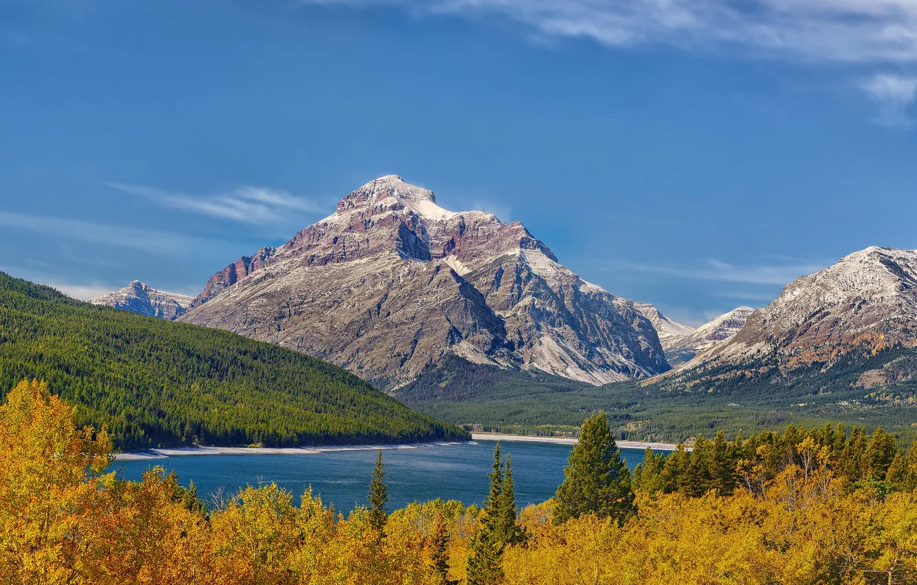 Photo wallpaper autumn, the sky, trees, mountains, lake