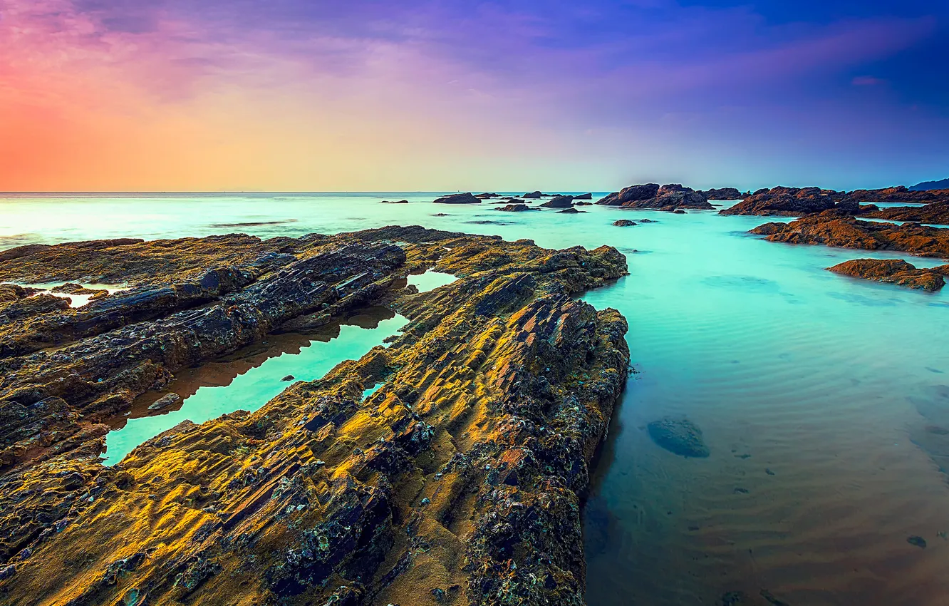Photo wallpaper sea, the sky, clouds, stones, rocks