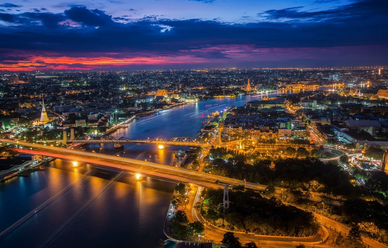 Photo wallpaper road, night, the city, river, panorama, Thailand, Bangkok