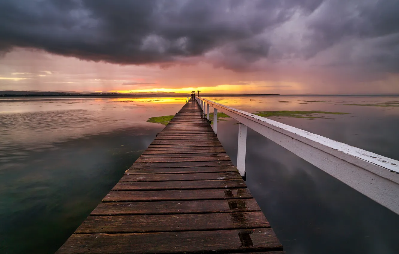 Photo wallpaper sunset, bridge, shore