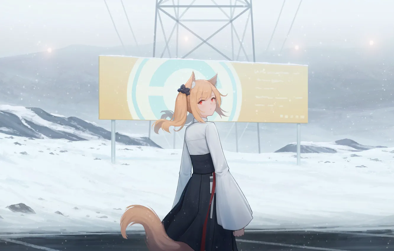Photo wallpaper girl, snow, mountains, poster, Fox, ears