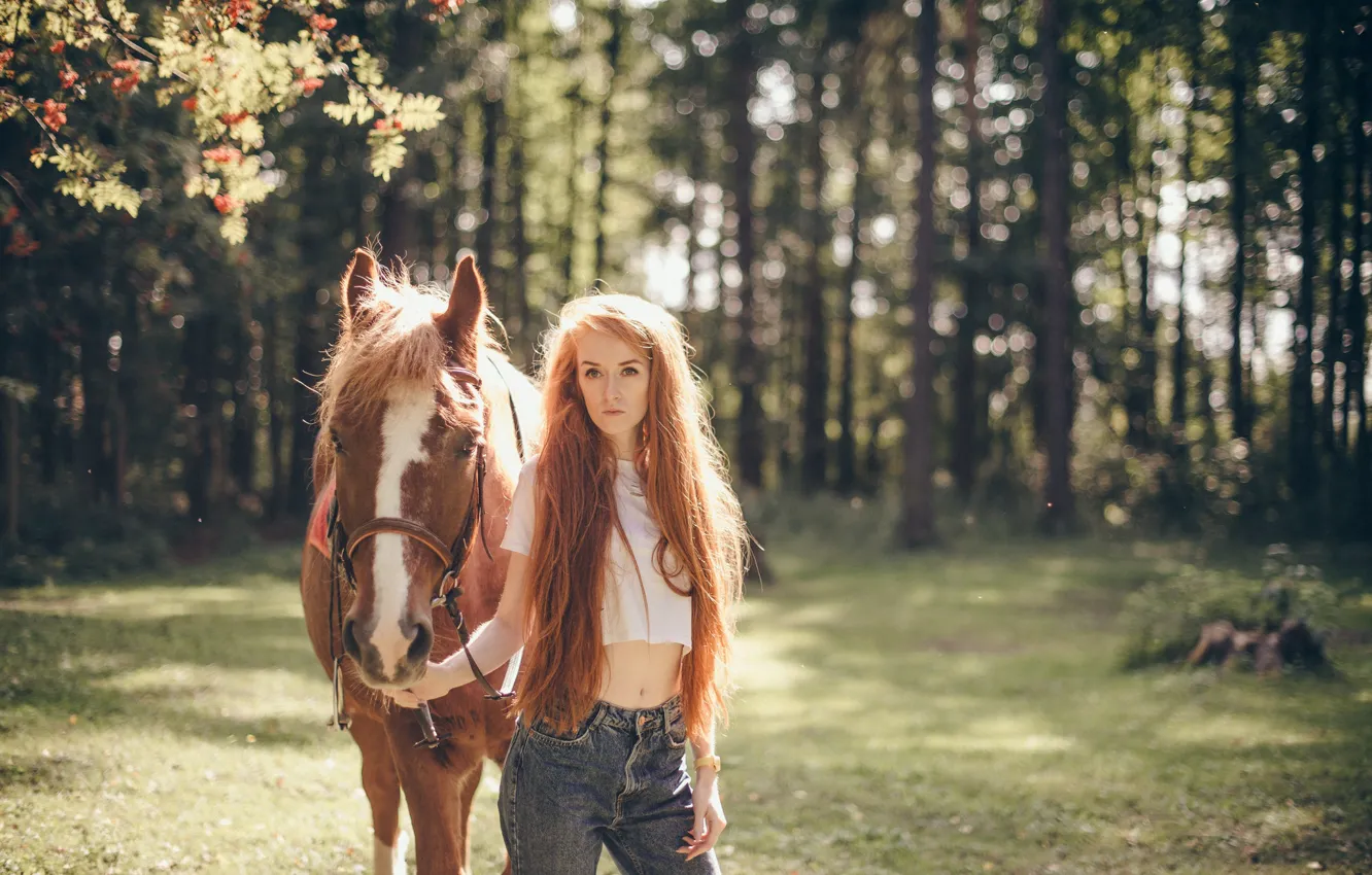 Photo wallpaper summer, girl, hair, horse, red