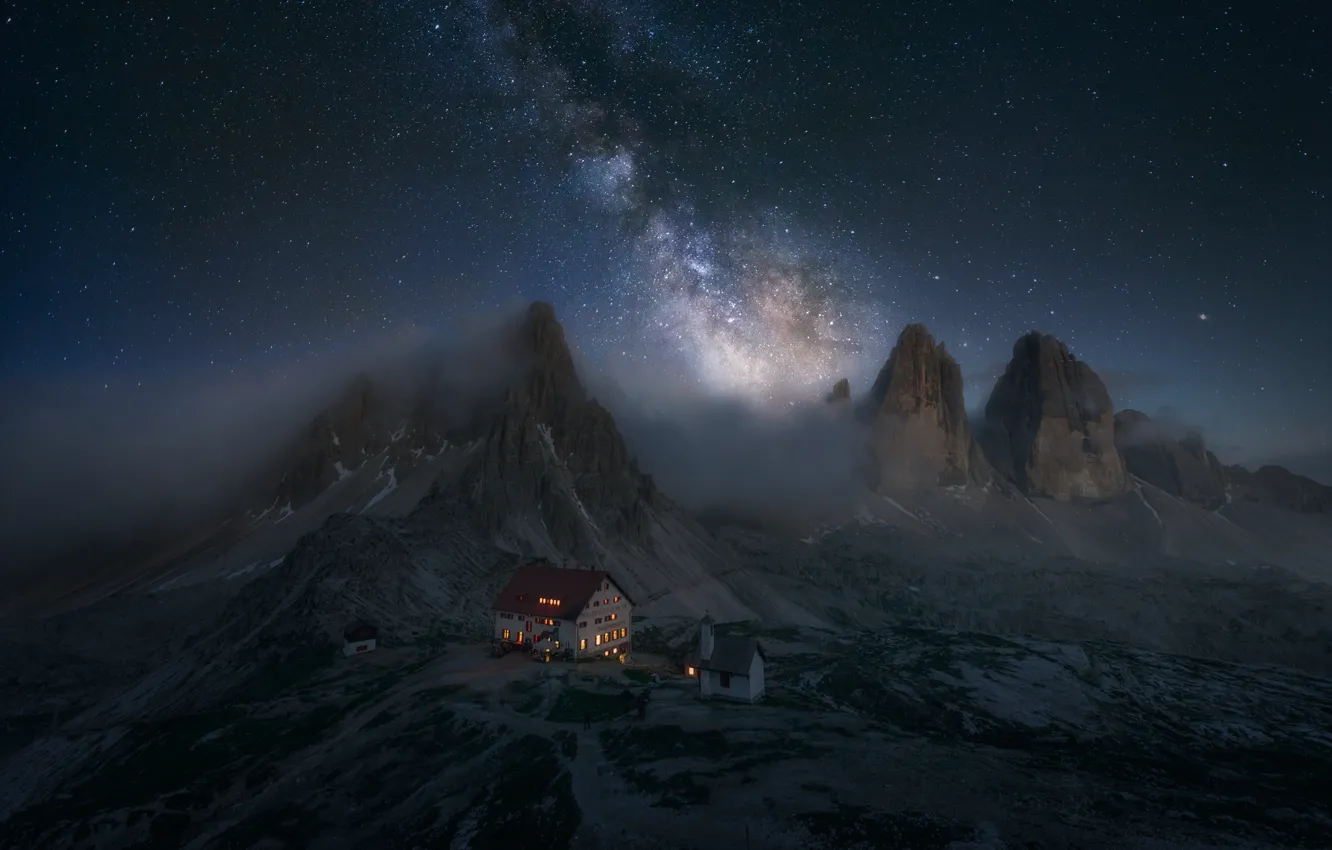 Photo wallpaper stars, clouds, mountains, the building, The Milky Way, mountains, clouds, stars