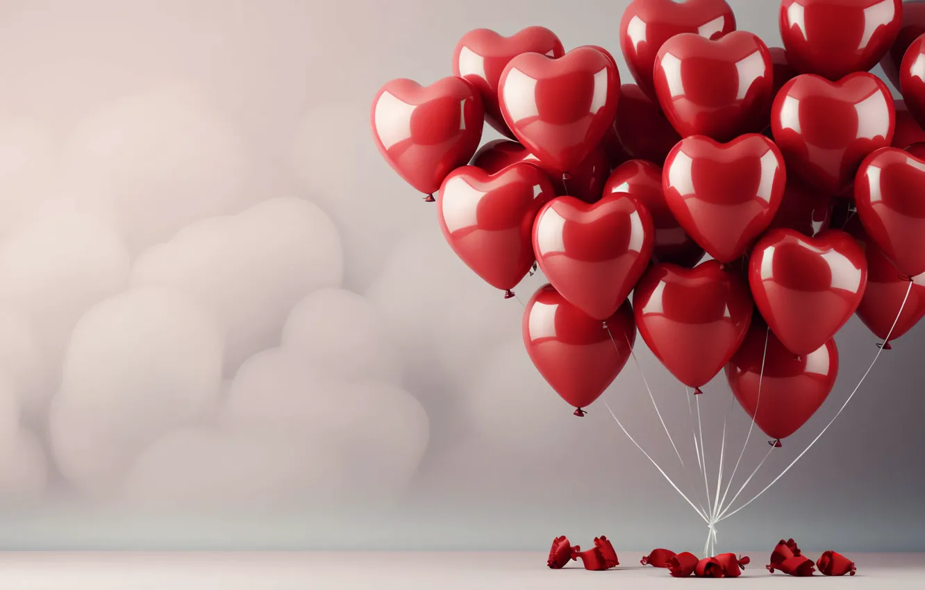 Photo wallpaper clouds, love, red, balloons, holiday, heart, Shine, hearts