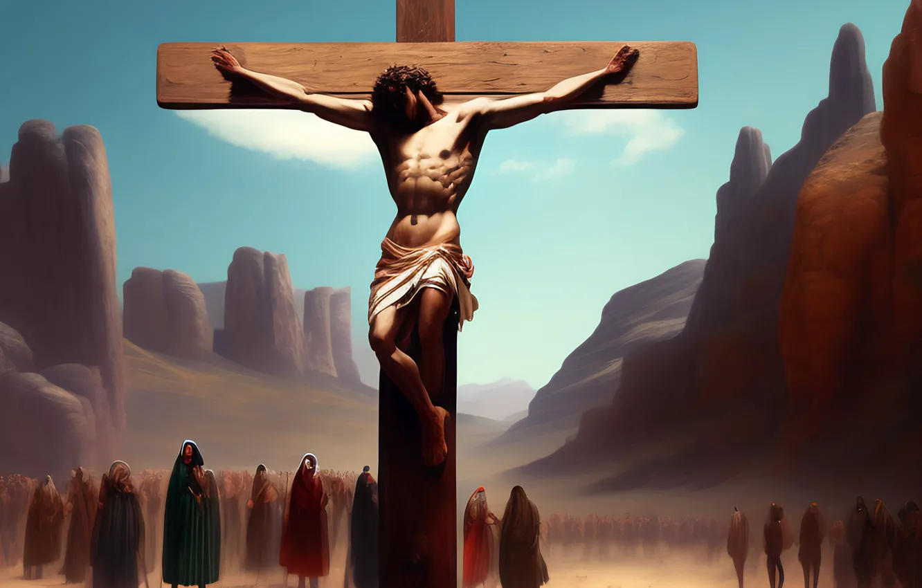 Photo wallpaper mountains, Jesus, people, cross, male, religion, the crucifixion, Jesus Christ