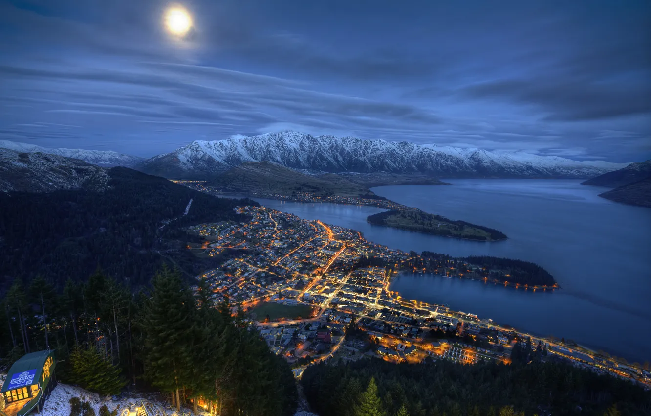 Photo wallpaper sea, the sky, clouds, mountains, night, the city, lights, The moon