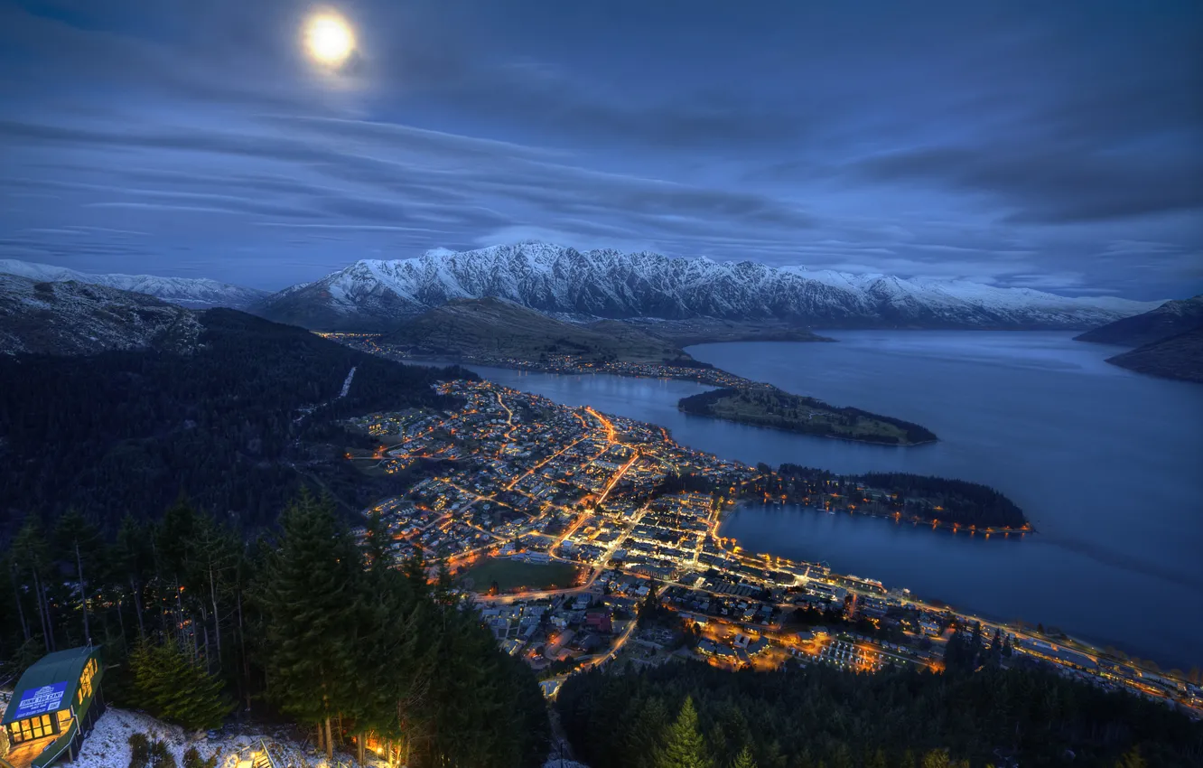 Photo wallpaper sea, the sky, clouds, mountains, night, the city, lights, the moon