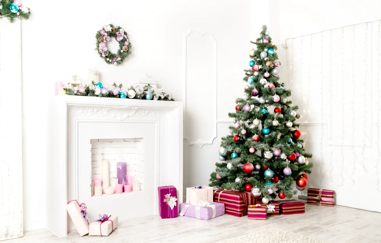 Photo wallpaper holiday, gift, balls, tree, gifts, New year, fireplace, Christmas decorations