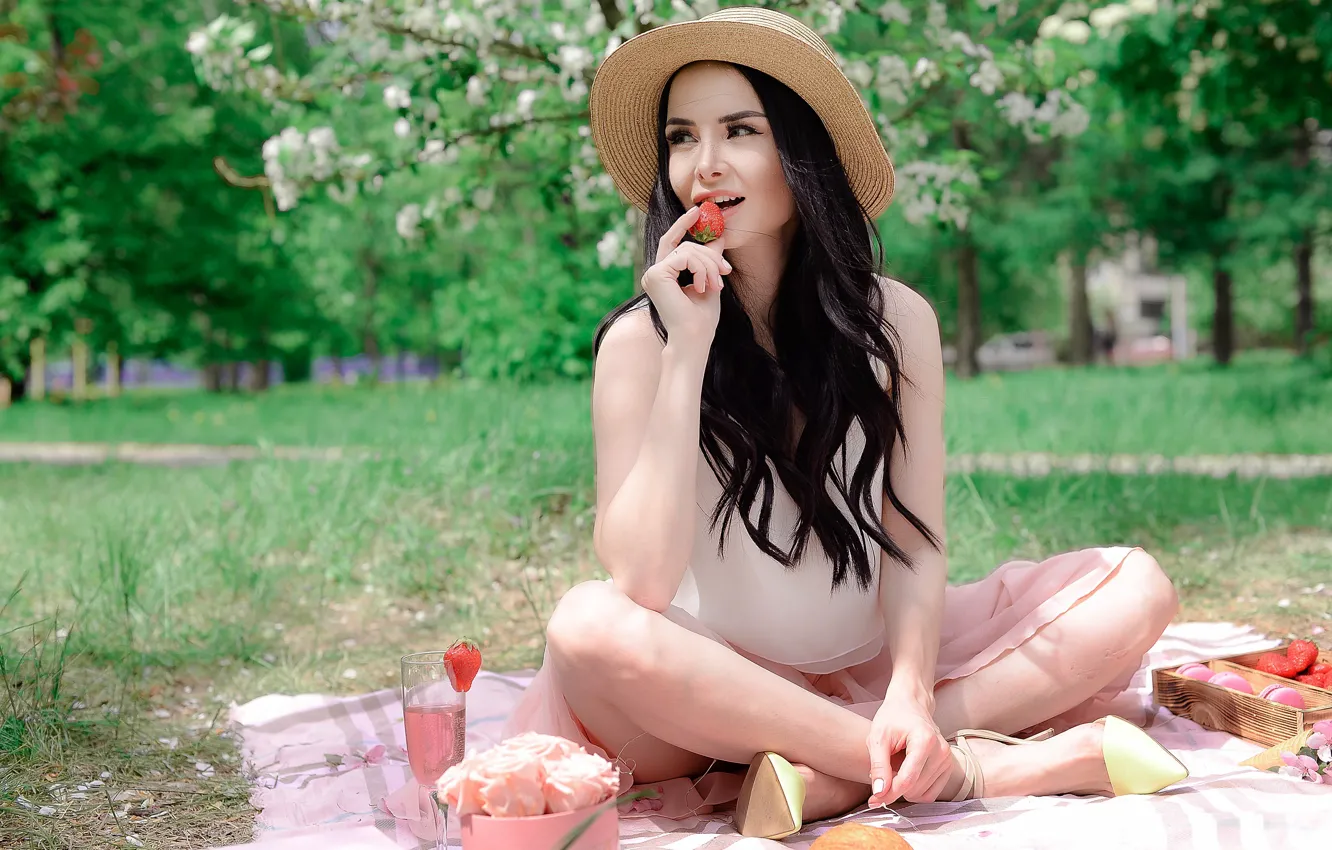 Photo wallpaper girl, trees, berries, hat, brunette, Olga Galitsin, Elena Stavskaya