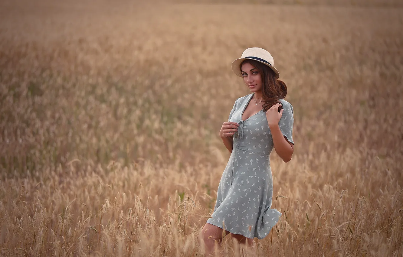 Photo wallpaper field, look, girl, nature, pose, hat, dress, brunette
