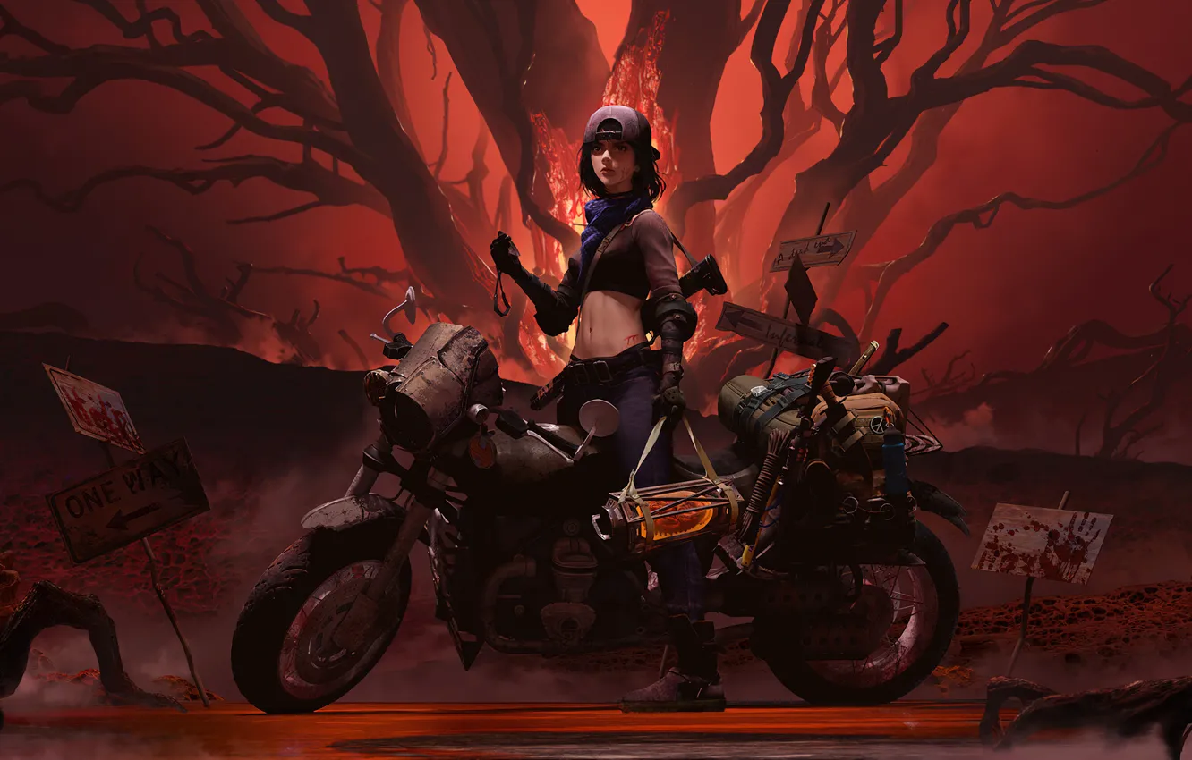 Photo wallpaper motorcycle, Post Apocalypse, girl art, art girl, the girl in the cap