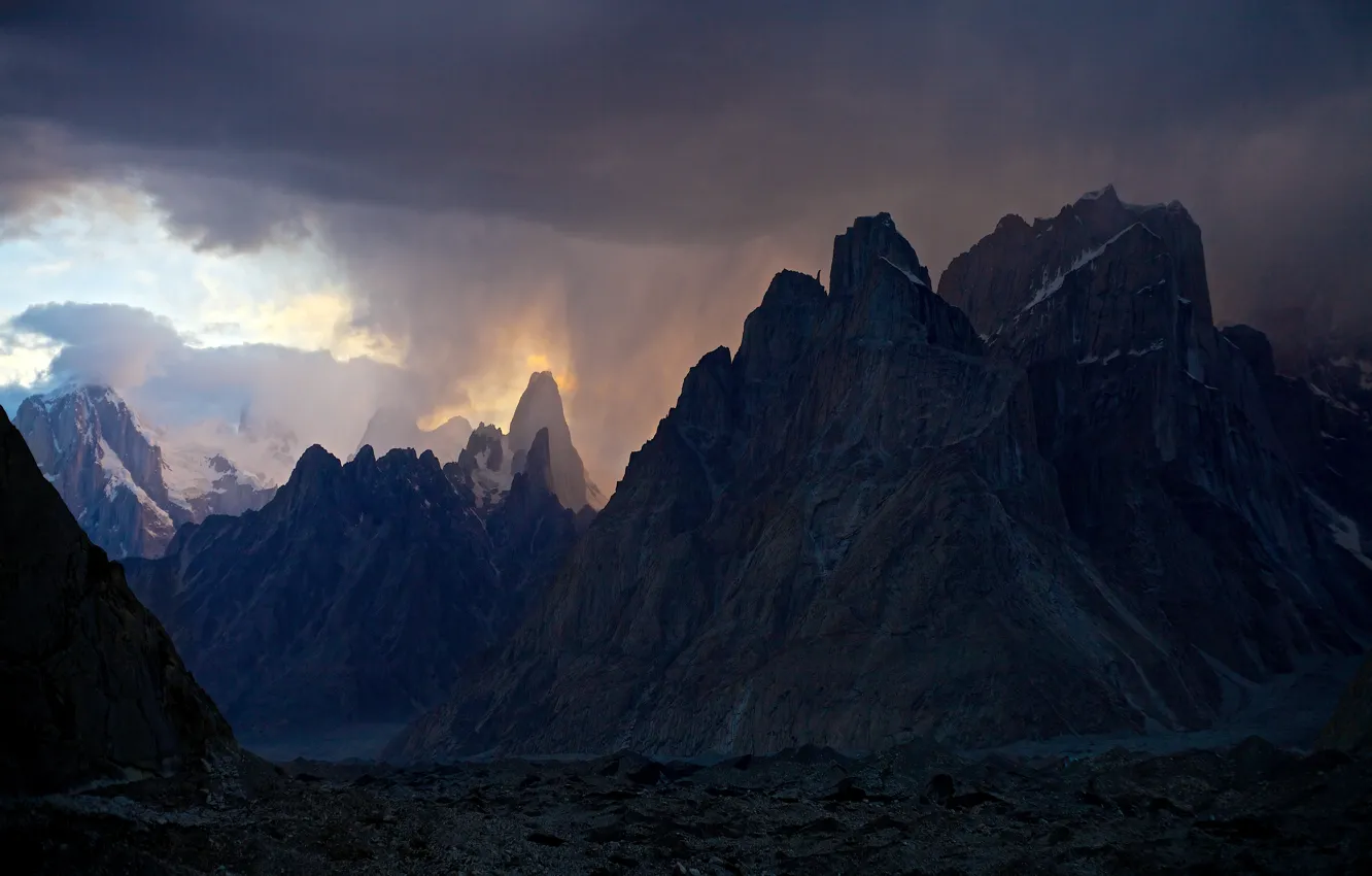 Photo wallpaper the sky, clouds, snow, mountains, clouds, nature, rocks