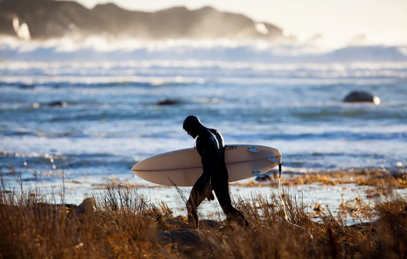 Photo wallpaper waves, beach, surfer, sunlight, surfboard, spray, extreme sport
