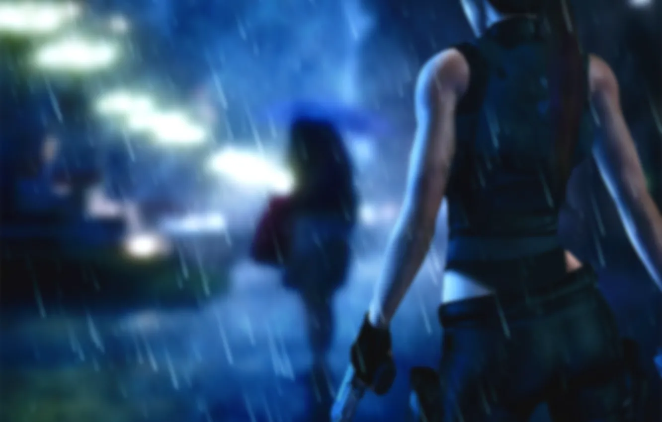 Photo wallpaper girl, macro, weapons, rain, back, Tomb raider, Lara croft