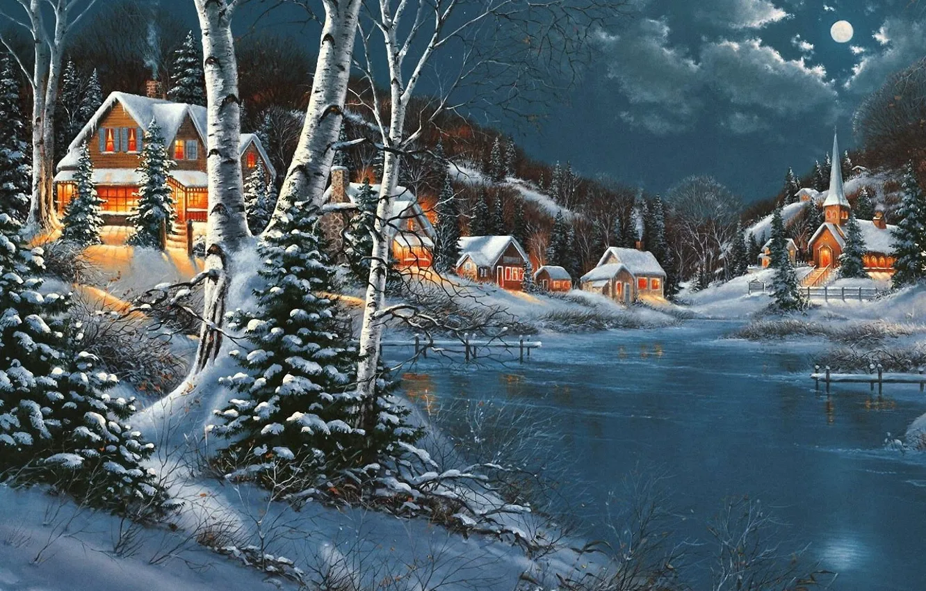 Photo wallpaper winter, tree, houses
