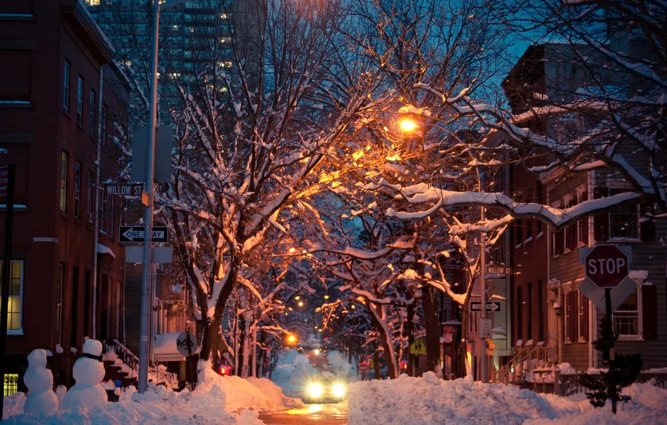 Photo wallpaper winter, road, the sky, snow, trees, night, city, the city