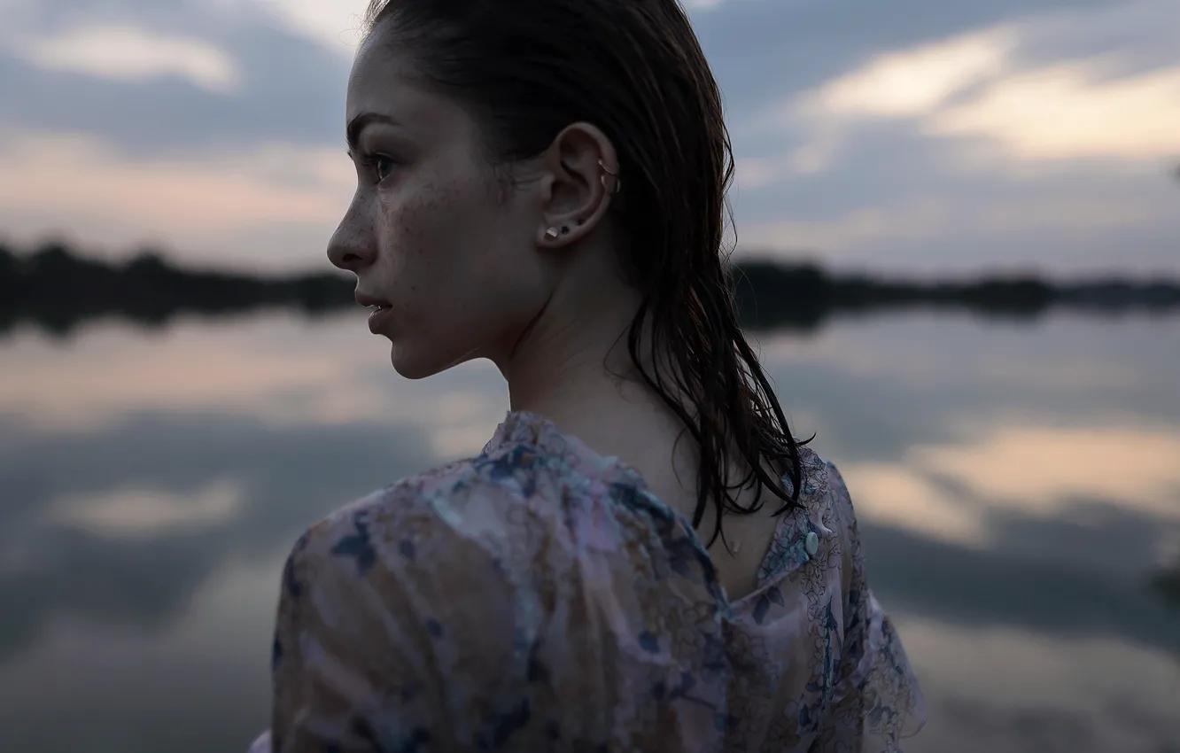 Photo wallpaper freckles, Aleks Five, profile, wet, girl, Elizabeth Mills