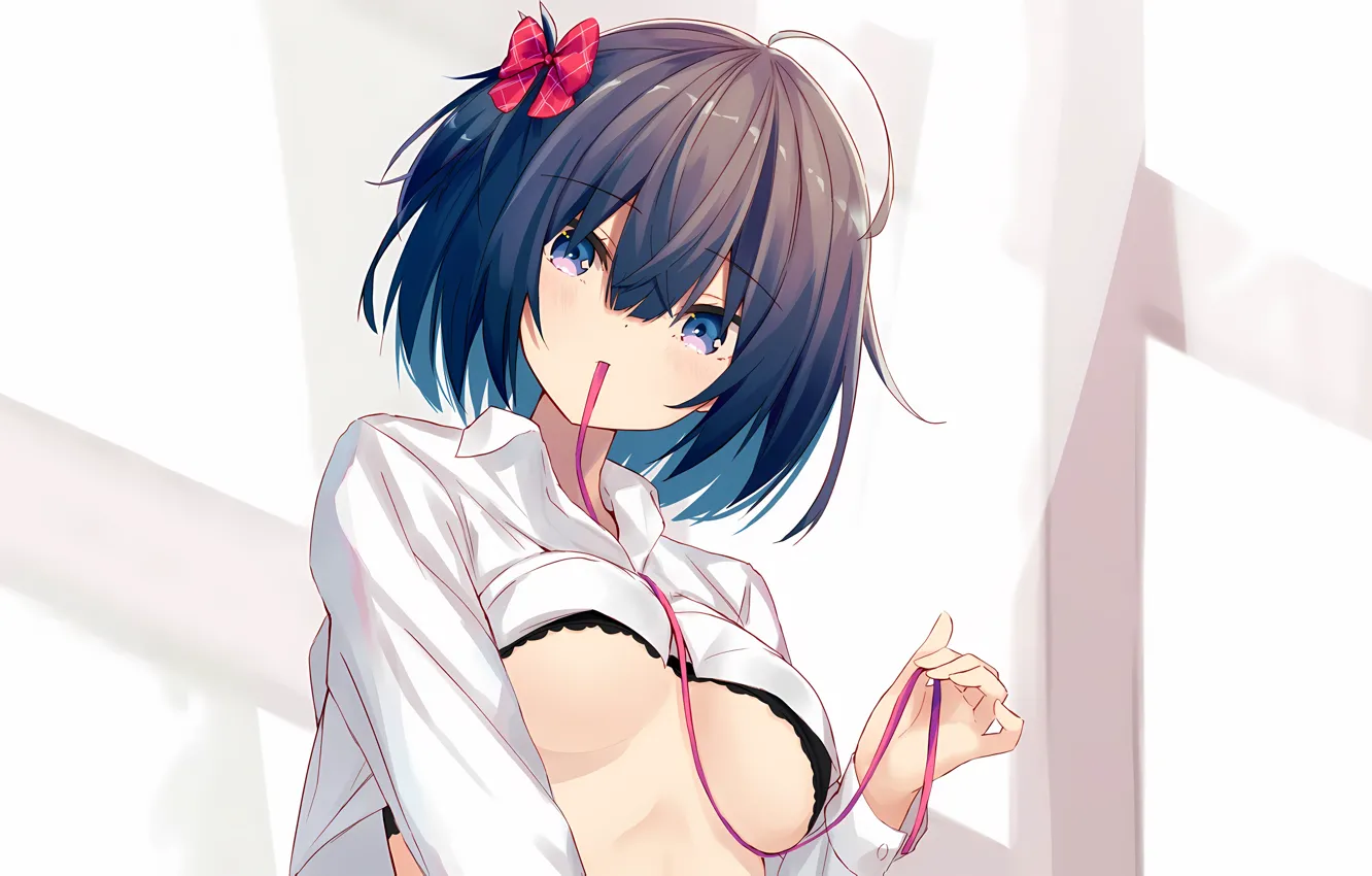 Photo wallpaper girl, sexy, lingerie, bra, cleavage, boobs, anime, blue eyes