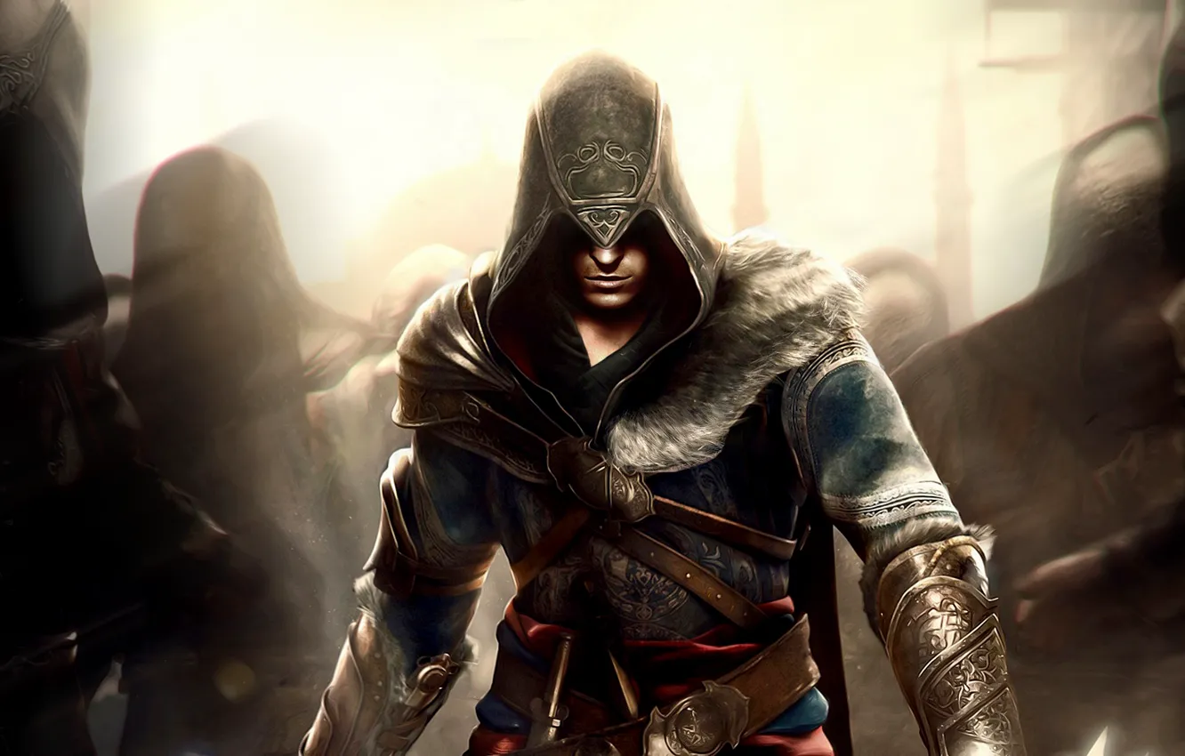 Photo wallpaper pattern, hood, shadows, fur, Ezio, straps, Assassin`s Creed, Assassin's creed