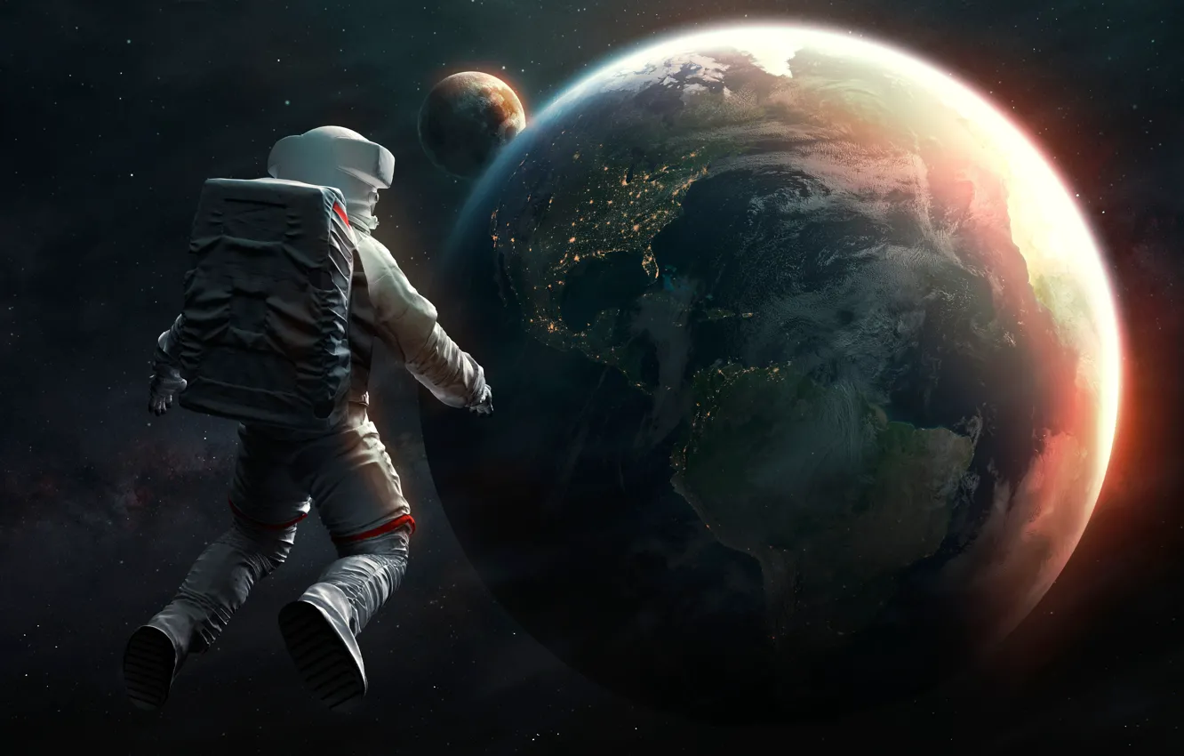 Photo wallpaper earth, the moon, astronaut, the suit
