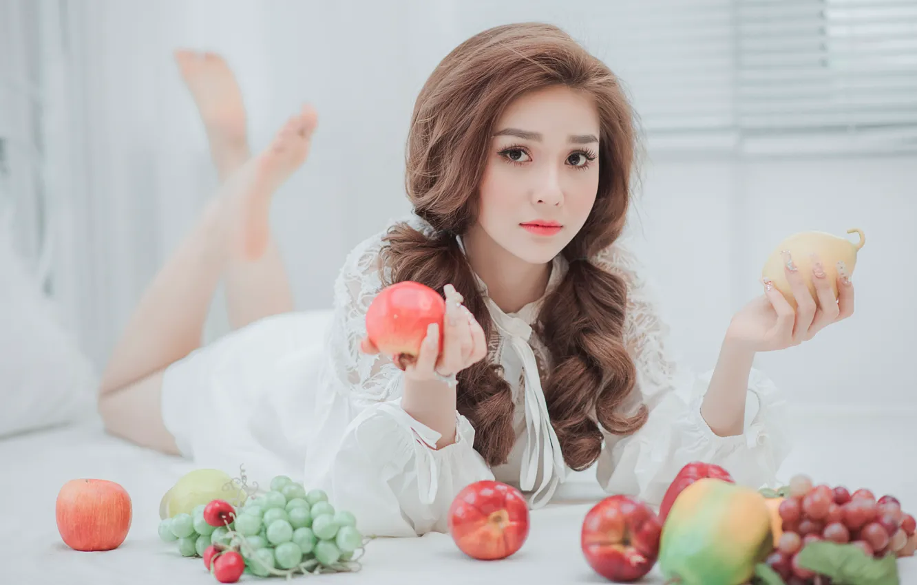 Photo wallpaper look, hair, fruit, Asian