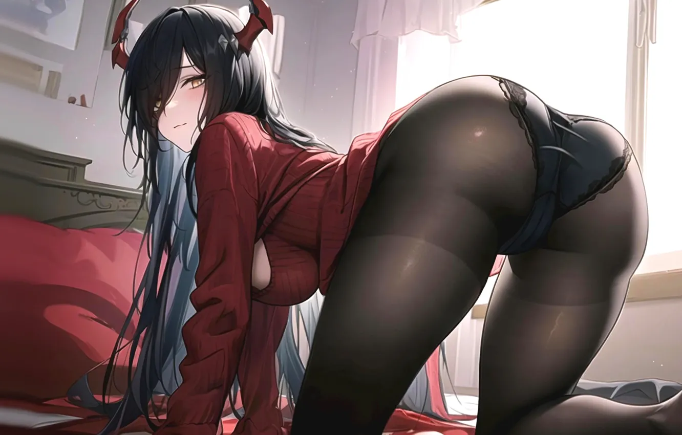 Photo wallpaper hot, ass, boobs, anime, stockings, pretty, bed, butt
