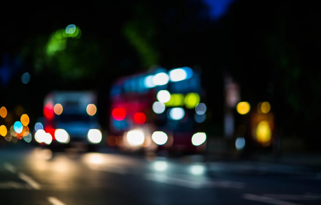 Photo wallpaper the city, street, England, London, lights, double Decker bus