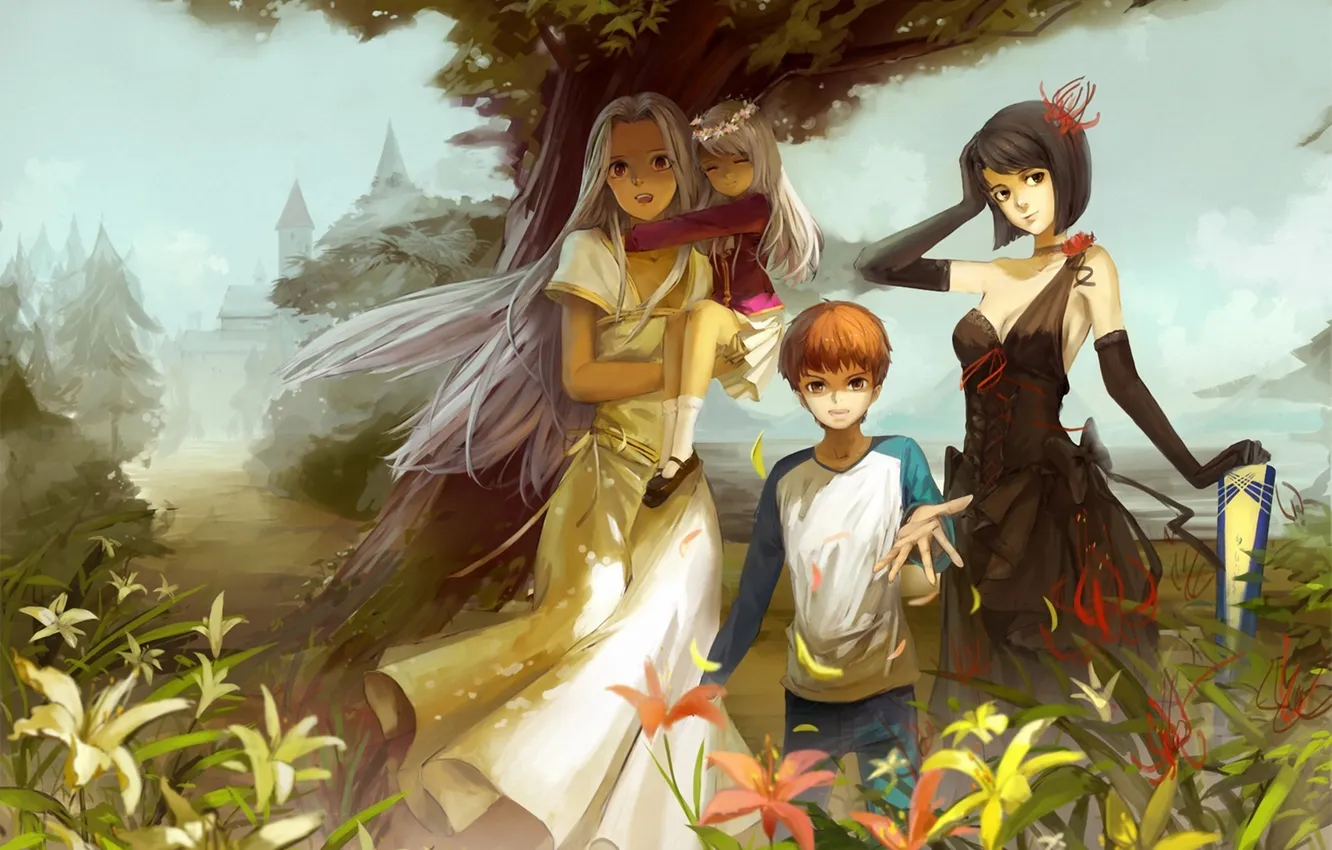 Photo wallpaper grass, girl, trees, landscape, children, boy, art, iris a lot of einzbern