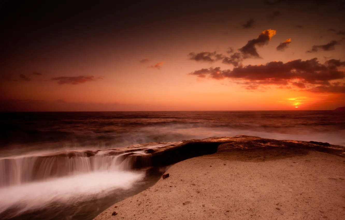 Photo wallpaper the sun, sunset, the ocean, rocks, surf