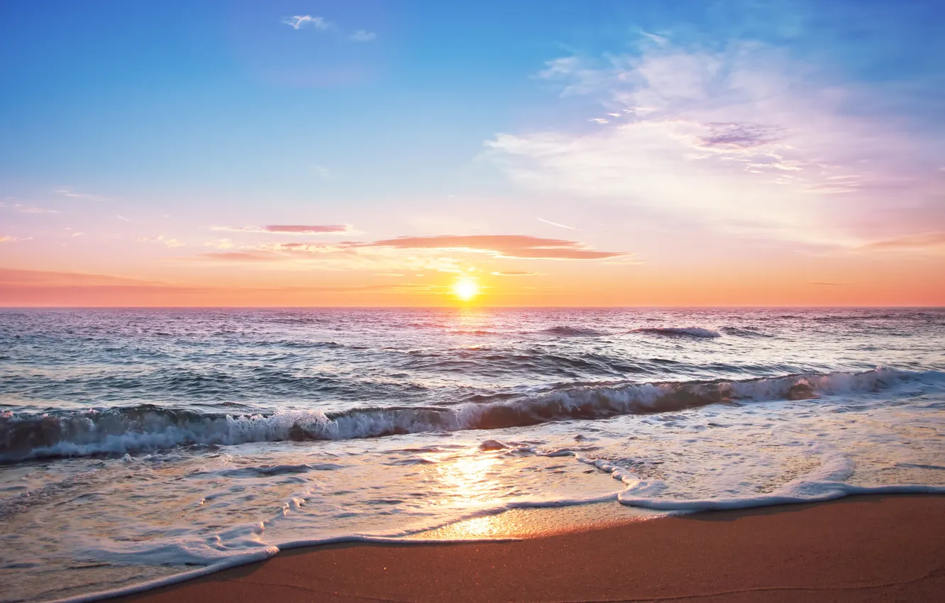 Photo wallpaper sea, sunset, beach, sea, sunset, sand, wave