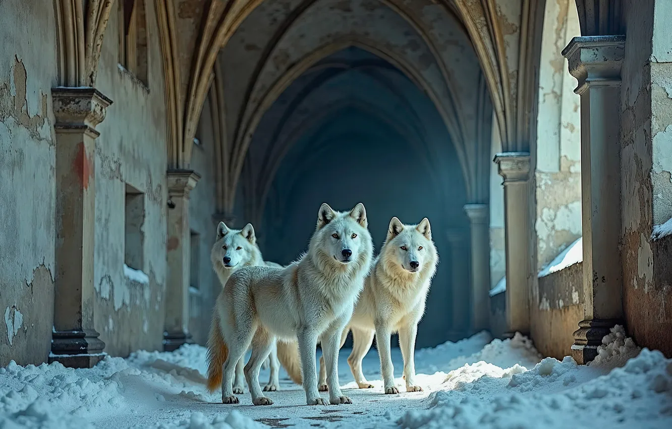 Photo wallpaper snow, trio, Trinity, white wolves, neural network