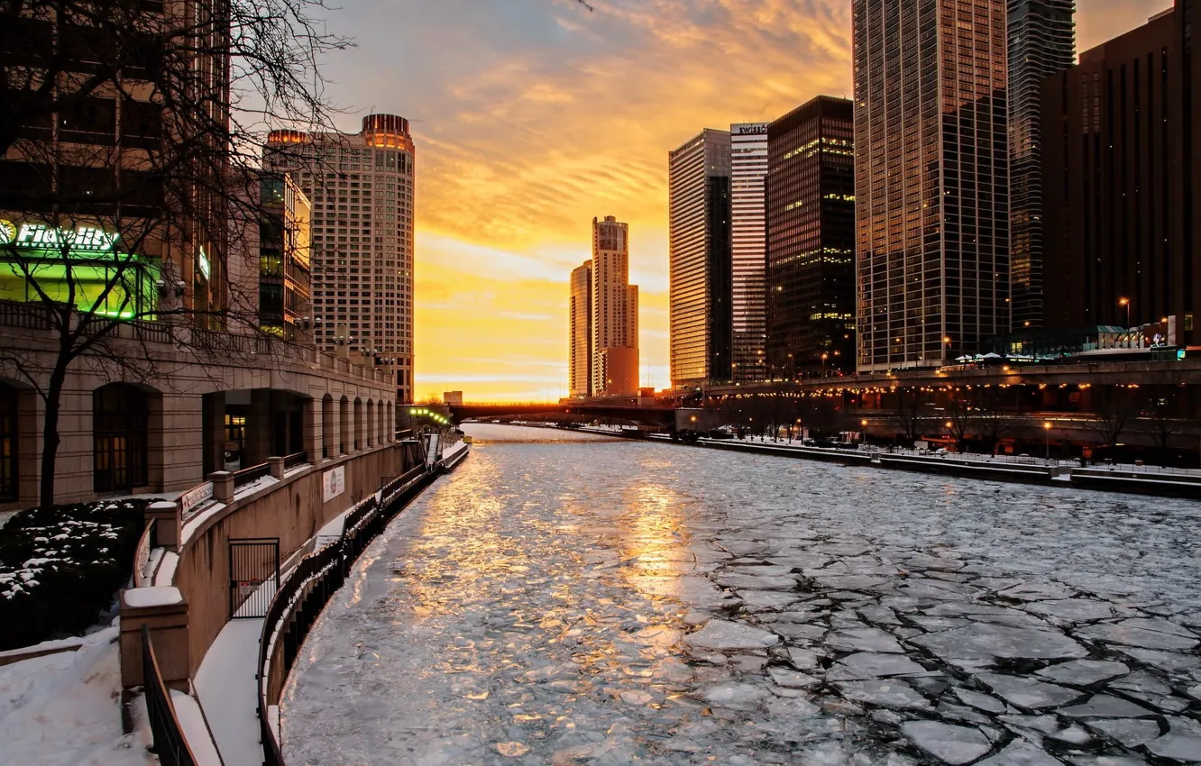 Photo wallpaper ice, winter, water, snow, sunset, the city, skyscrapers, Chicago