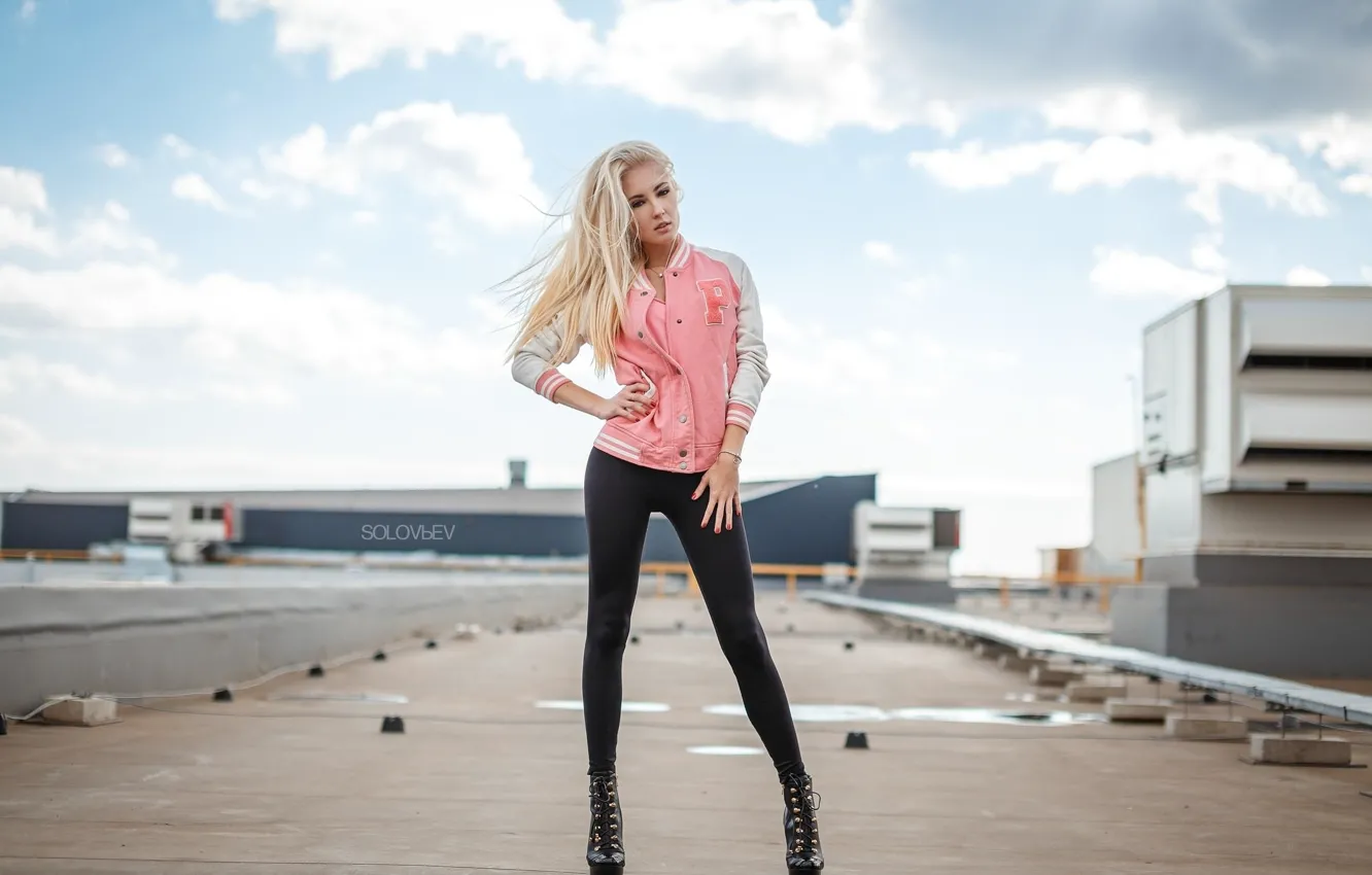 Photo wallpaper girl, pose, model, hair, shoes, jacket, blonde, girl