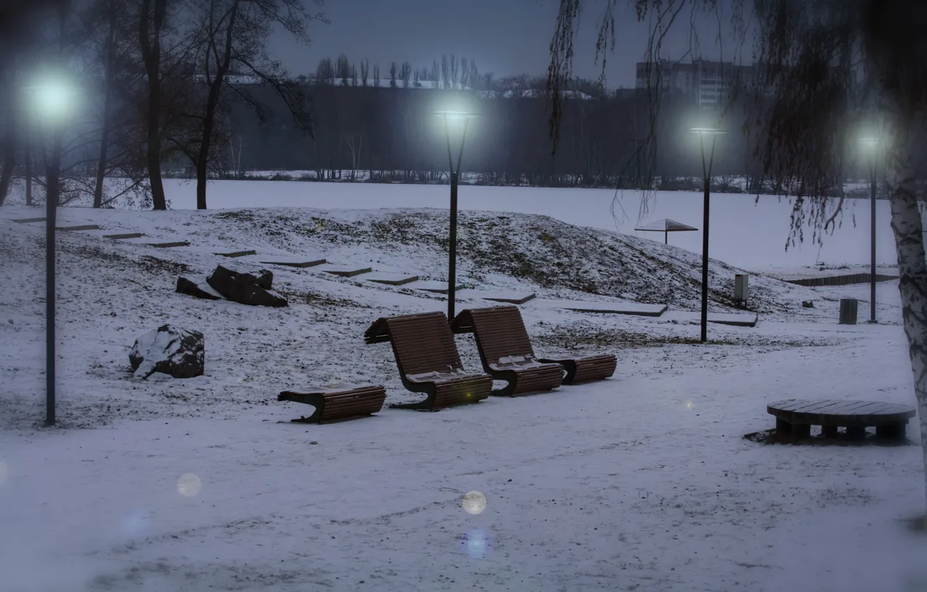 Photo wallpaper winter, snow, Park, the evening, Lights, benches