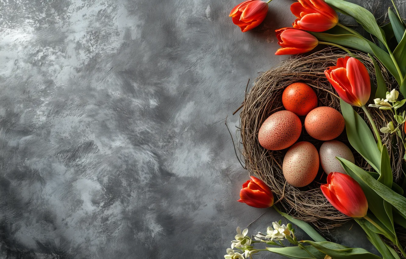 Photo wallpaper flowers, red, holiday, eggs, bouquet, spring, Easter, socket