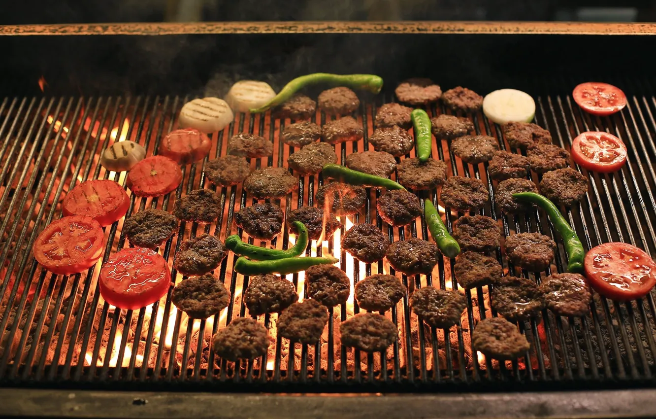 Photo wallpaper fire, pepper, onion, embers, meatball